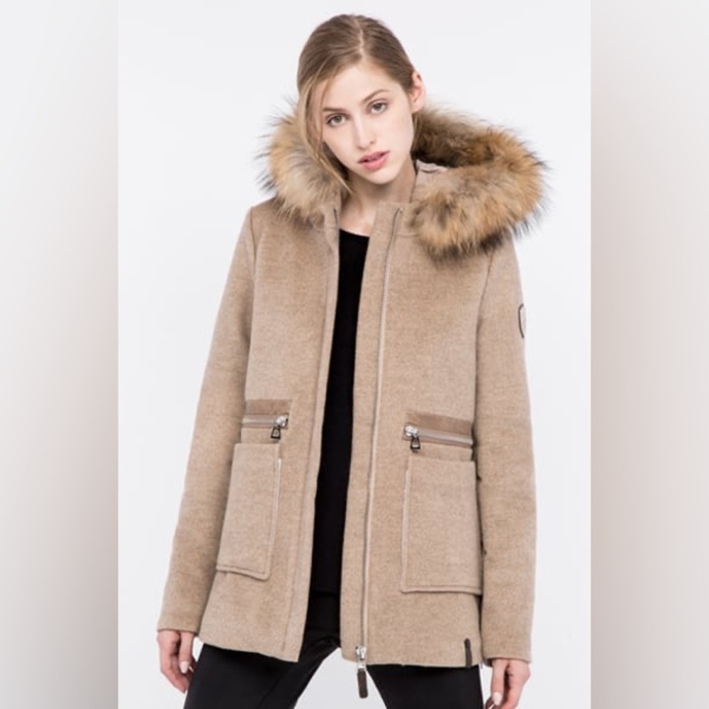 RudSak Size XL Jacket Wool Blend Coat Racoon Fur Lined Hood in Camel Brown